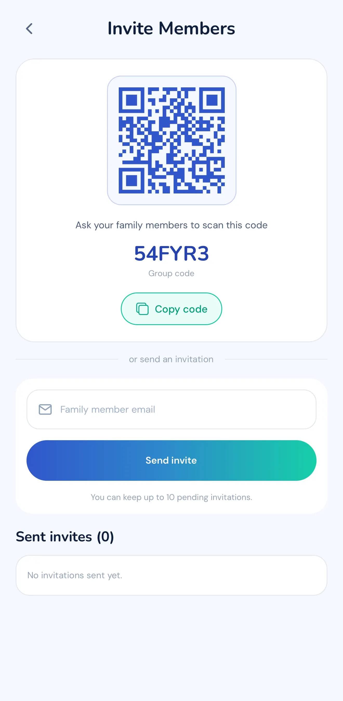 شاشة دعوة العائلة في SpesApp