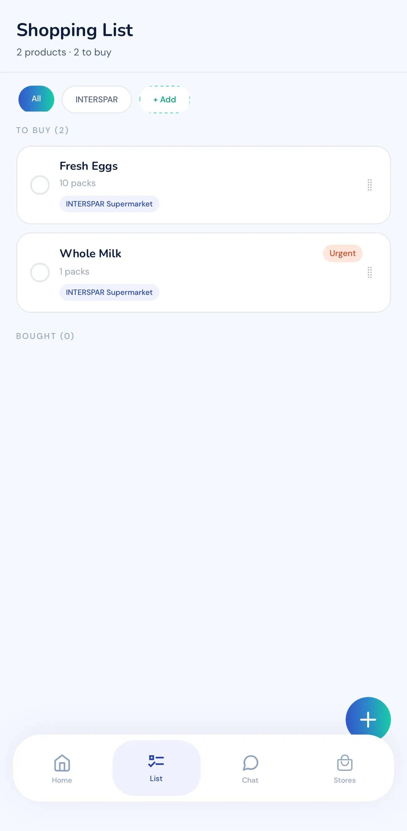 شاشة قائمة التسوق المشتركة في SpesApp